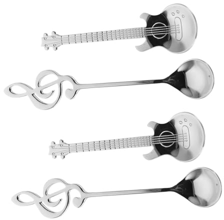 Warmhm 4 Stück Teiliges Edelstahl Dessertlöffel mit Gitarren Musiknoten-design Kreative Kaffeelöffel und Teelöffel Langlebig Spülmaschinenfest für Getränke und Desserts Geschenk für