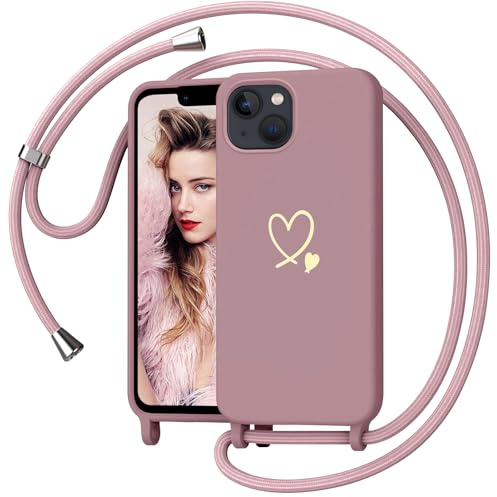 Yichxu Handyband für iPhone 13 Mini Hülle mit Band, Herz Design Necklace Handyhülle zum Umhängen Kordel, Stoßfest Schutzhülle mit Kette, Weich TPU Liquid Silikon Case für iPhone 13 Mini, Rosa