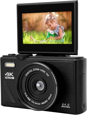 Yosoo Health Gear Appareil Photo Numérique, Appareil Photo Compact 4K 64MP avec Zoom 18X, Mise au Point Automatique, écran Rabattable de 3 Pouces, Design Rétro, Idéal pour Les Voyages et Les (Black)