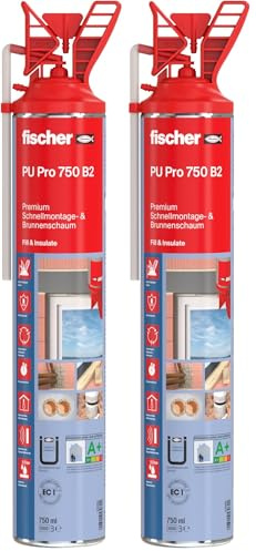 fischer Premium Schnellmontage- und Brunnenschaum PU Pro 750 B2, Bauschaum zum Verkleben, Abdichten und Füllen, PU-Schaum inkl. Fix-Adapter für sofortigen Einsatz und Wiederverwendung, 750 ml, beige