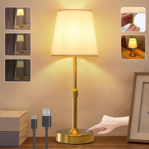 LED Kabellos Tischlampe Touch Dimmbar Nachttischlampe Akku, 5200mAh, Gold