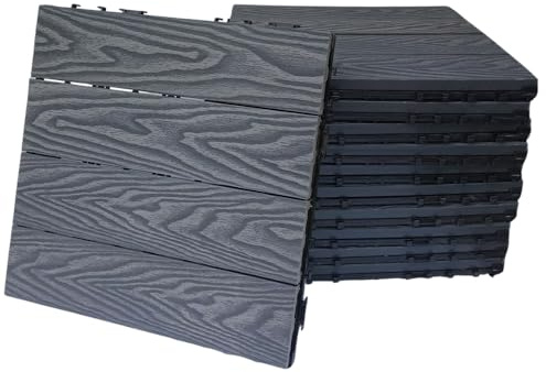 WPC Lot de 11 dalles d'extérieur encastrées pour sol drainant terrasse, balcon, jardin, piscine, effet bois antidérapant base en PVC (3D gris, gris