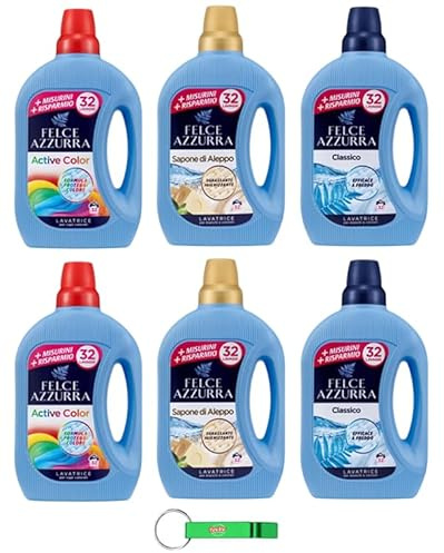 Felce Azzurra Set di test per bucato 6 x 1595 ml, detersivo liquido per lavatrice efficace a freddo, 32 lavaggi 1595 ml + portachiavi Beni Culinari