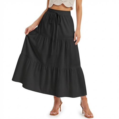 DiULi Falda Larga Mujer Elegante, Cintura Elástica Alta Faldas, Fluida Falda Ensayo Flamenco Largo Línea A con Forro, Acampanada Maxi Skirts para Verano Fiesta Vacaciones Playa Casual (Negro - M)