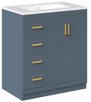 MUZHIXIANG Mobiletto da bagno indipendente con lavabo bianco 76 cm con 2 cassetti e ampio spazio di archiviazione per bagno (Blu + Ceramica + MDF)