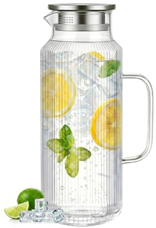[68 OZ/ 2 Liter] - Achteckiger Glas Karaffe Krug mit Deckel und Auslauf, Klassischer Streifen-Wasserkrug mit Griff, Wasserkrug aus Borosilikatglas für heiße & kalte Getränke, Perfekt für Saft, Kaffee.