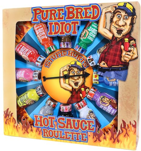 ASS KICKIN' Pure Bred Idiot – Hot Sauce Roulette Spiel – 12 – 0,75 Unzen Flaschen Hot Sauce Geschenkset – Perfektes Premium Gourmet Gag Geschenk für Männer – Spicy Challenge Hot Sauce Sampler
