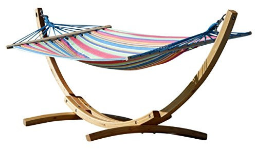 ALEOS. 320cm Hängemattengestell Blanca-Caleta Hängematte mit Gestell aus Holz Lärche Natur mit gestreifter Stabhängematte