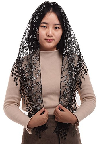 BLESSUME 1 styck kvinna triangel mönster slöja klassisk mantilla mjuk spets kapell slöja, svart, one size