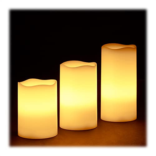 Relaxdays LED Kerzen Echtwachs 3er Set, elektrische Kerzen flackernd, hell, Batteriebetrieben, Ø 7 cm, 3 Größen, Creme | hell, Batteriebetrieben, Ø 7 cm, 3 Größen