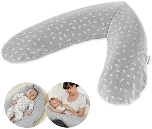 Theraline Das Original Stillkissen & Schwangerschaftskissen - 190cm inkl. Bezug aus 100% Baumwolle - Füllung aus leisen EPS-Perlen - Lagerungskissen, schadstoffgeprüft - Blätter Grau Weiß