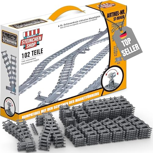 Steinchenshop XL Schienenset 102 Teile – Gleis System mit Kurven Geraden | 172 cm x 228 cm – kompatibel mit Sluban, Q‑Bricks, Cobi, Lego u.v.m. - viele Schienen für kreatives Bauen und Gestalten