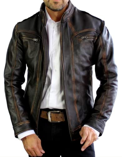 Hafsah Giacca da uomo in vera pelle stile Biker - Giacca da moto in stile usato, nera, giacca in vera pelle, stile vintage, strisce dorate, L