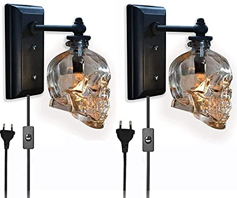 VOMI Retro Wandlampe mit Schalter, E14 Fassung Totenkopf Wandleuchte Halloween Schädel Lampe Indirekte Wandbeleuchtung Innen mit Eu Stecker Kabel, Schwarz, 2 Stück