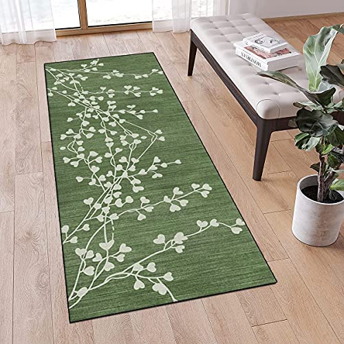 MONECER Teppichläufer rutschfest Meterware 80x200cm Grün Vintage Blatt Muster Dünner Waschbar Läufer Teppich Flur Schlafzimmer Korridor Küchenläufer Teppich Lang, Anpassbare Größe, 40-120cm Breit