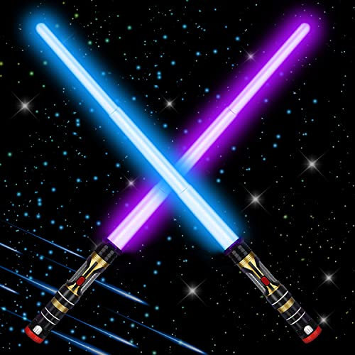 Kimimara Lichtschwert Kinder - Einziehbare Laserschwert 3 Farben Veränderbar Leuchtschwert mit Sound für Jungen Kind Geschenk Party Favors - 2 Stück