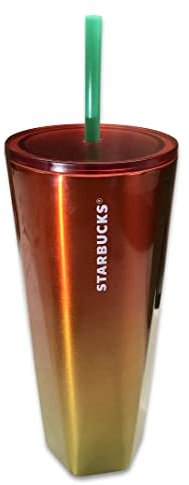 2022 Starbucks Bicchiere Ombre Venti in acciaio inossidabile da rosso a giallo 24 once con paglia verde