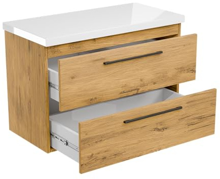 paplinskimoebel - Waschbeckenunterschrank mit Aufsatz 80 cm Breit Girona, Badezimmerschrank mit Arbeitsplatte, Unterschrank für Aufsatzwaschbecken, Waschtischunterschrank Holz - Eiche/Weiss