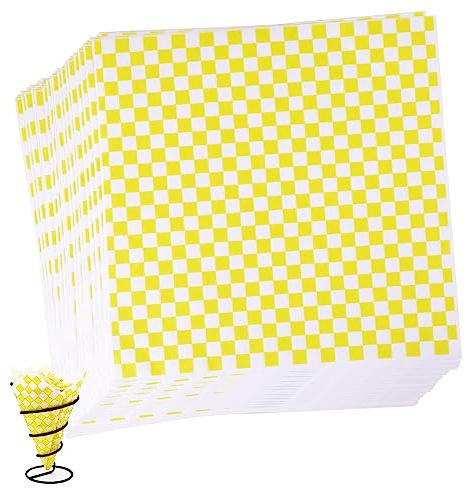 Lot de 100 feuilles de papier d'emballage de qualité alimentaire, papier sulfurisé résistant à l'huile, papier imperméable à carreaux pour charcuterie, sandwich, gâteaux, fromage (28 x 26 cm, jaune)