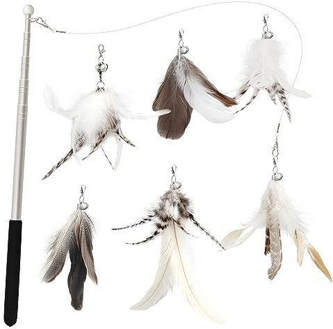SONGWAY Interaktives Katzenspielzeug Feder – Katzenspielzeug Set mit Einziehbare Stangen, Federstab Katze Spielzeug mit 6 Stück Ersatzfedern mit Glocken, Federangel Katzen, Natürlich