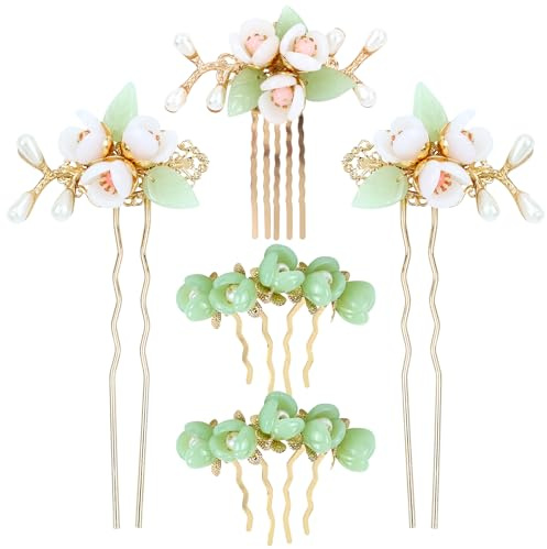 inSowni 5 Pieces Vintage Retro Traditional Asian Chinese Hanfu Pearl Green Jade Flower Hair Side Combs Slides Metal Hair Pins Sticks Chopsticks Bun Updo Holders Hair Accessories for Women Girls