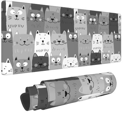 Sweetshow Cute Cat Mouse Pad 31.5 X 11.8 Inch XL Grey Gray White Gaming Mousepad Extended Large Laptop Keyboard Mouse Mat Non-Slip Rubber Base with Stitched Edges for Home Office