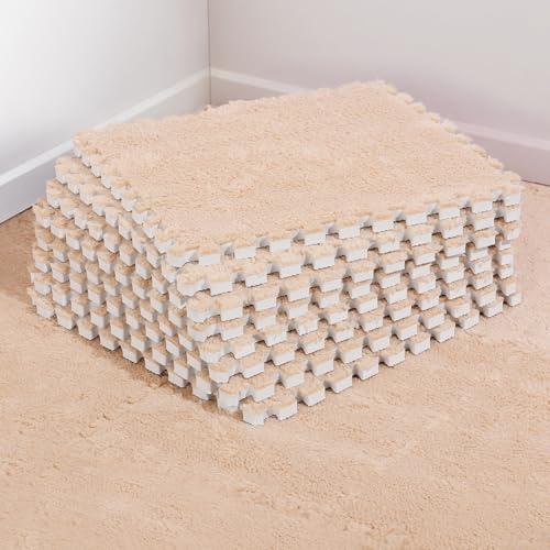 12 pcs Thickened Plush Foam Interlocking Floor Mat, Interlocking Foam Tiles with Edgings for Kids, Soft Anti-Slip Puzzle Area Square Rug Playmat for Children Room Bedroom(11.8, Light Brown)