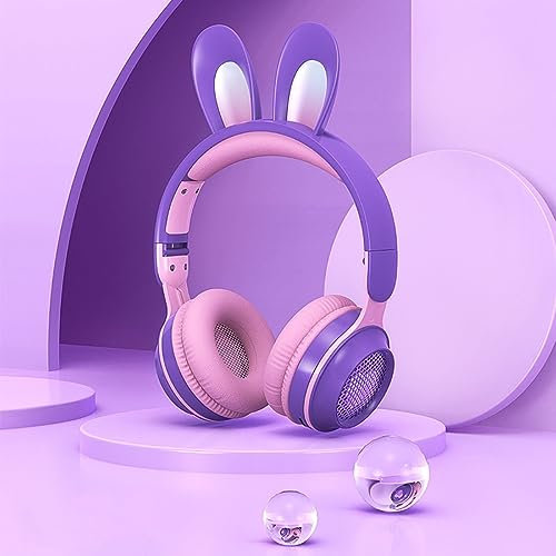 SenLiYuan Bluetooth-hörlurar, uppladdningsbar, kaninöra, design över med plugin-mikrofon, hopfällbar, uppladdningsbar, trådlös stereoheadset med 3,5 mm ljudlinje (lila)