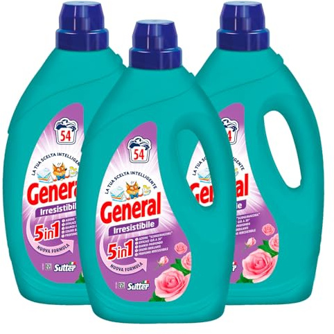 General Irresistibile 5in1 Detersivo Liquido per Lavatrice 54 Lavaggi Azione Scioglimacchia Efficace anche a Basse Temperature Bianco Profondo e Colori Brillanti - 3 Flaconi da 2,43L