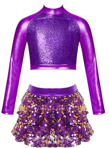 iiniim Mädchen Latein Tanzkleid Pailletten Kleid Glänzend Langarm Crop Tops mit Rock Modern Dance Chacha Salsa Jazz Tanzkleidung Gr.110-176 Lila 122-128
