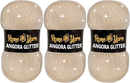 Rome Yarn Filato Angora Glitter | Filato Glitter per Maglia e Uncinetto (3 Gomitoli, 845 Crema scuro)
