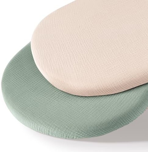 Sábanas de muselina para moisés para bebé, sábanas bajeras de algodón suave y transpirable para colchón/almohadilla ovalada, rectangular, reloj de arena, paquete de 2 (marfil y verde)