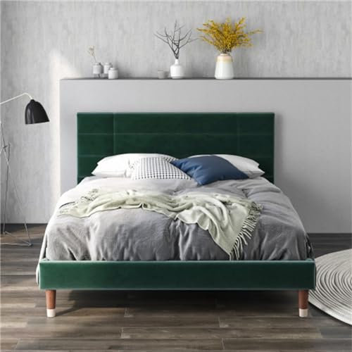 Gepolstertes Doppelbett 140 X 200 cm Mit Verstellbarem Kopfteil, Bettbrett Und Untergestell Aus Massivholz – Geeignet Für Schlafzimmer Für Erwachsene Und Jugendliche(Color:Grün+ ohne Matratze)