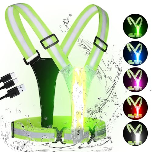Xeiophoy LED Reflective Vest Running Gear, 5 Colors Lights Up Running Vest for Night Walking Cycling Jogging, Rechargeable and High Visible Reflective Running Gear, Adjustable Size for Men Women Kids