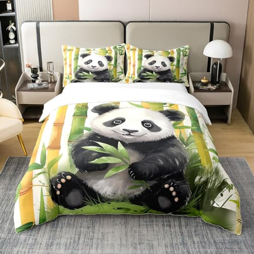 Homewish Watercolor Panda Housse de Couette Coton Garçons Filles Adolescents Bambou Vert Parure de Lit 140x200 Ensemble de Literie Panda Mignon Ensemble de Linge de Lit pour Animaux Noir Blanc