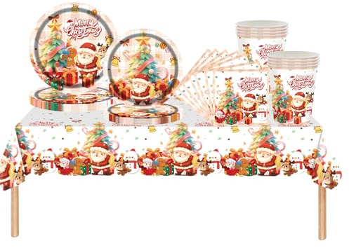 69 Pièces Vaisselle de Fête Noël,Assiettes Carton Jetable Gobelets Serviettesr en Papier et Nappe Plastique,Père Noël Vaisselle Jetable Recyclable Kit Decoration Célébrer Xmas Fournitures de Fêtes