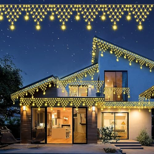 Opard Christmas Lights 4.2m 11 Drops with 8 Lighting Modes Timer and Memory Function, Xmas Icicle String Lights for Decorations Outdoor Indoor Roof Eaves Party House Garden