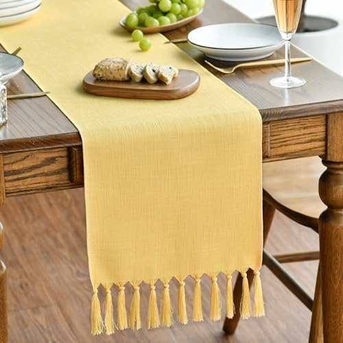 Artoid Mode Gelb Landhausstil Quasten Tischläufer, Waschbar Küche Tisch Dekoration Party Geburtstag Hochzeit Dekor 33x183 cm | Frühlings-Küchen-Esstisch-Dekoration, Hochzeit, Urlaub, Party-Dekoration