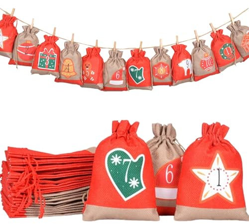 Jutebeutel mit Kordelzug, 24 x Jutebeutel mit Kordelzug, Countdown bis Weihnachten, Weihnachtsbaum-Anhänger, Jutebeutel mit Clips für Schokolade, Kekse