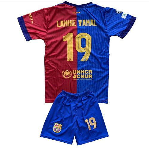 Qycksouth Yamal N. 19 - Maglia da calcio per bambini 2024 stagione, set da calcio con pantaloncini, maglia per tifosi, abbigliamento sportivo traspirante, maglia per bambini, taglie da ragazzi, Blu