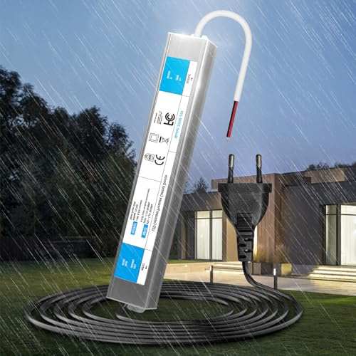 KSIBNW Transformador 220V a 24V 200W, Impermeable IP67 Fuente de Alimentación Exterior Ultra Fino LED Driver con Enchufe AC 220V a DC 24V 8,3A 200W Tensión Controlado Voltaje Constante Driver de Bajo