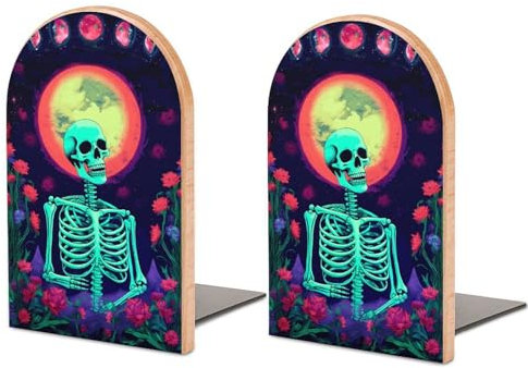 2 Stück Buchstützen aus Holz, Buchstützen mit Skelett-Vollmond-Blumen für Regale, rutschfeste Buchstützen für Büro, Zuhause und Küche, Buchstützen zum Aufbewahren von Büchern, 12,7 x 7,6 cm