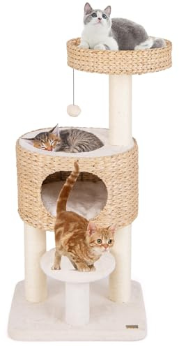 GOPLUS Moderno Árbol para Gatos, Torre Compacta para Gatos con Percha Superior, Nido Acogedor, Postes Rascadores de Sisal, Juguete Colgante, Dispositivo Antivuelco, Estructura Trepadora para Gato