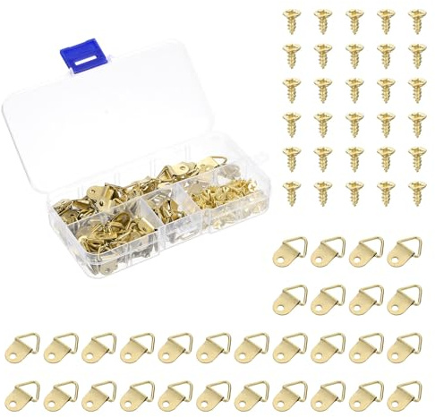 QUARKZMAN 100 Pcs Colgadores de Cuadros, Gancho de Marco de Imagen En Forma de Triángulo, Fijadores de Soporte de Marco con 100 Pcs de Tornillos para Colgar Relojes, Pinturas, Dorado