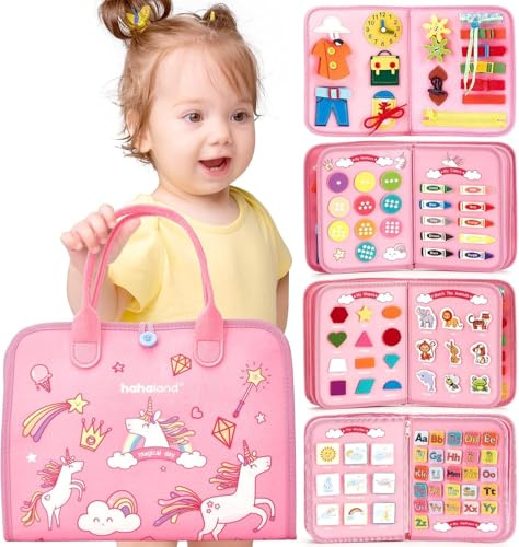 FeiOne 1 Set Filz-Lernbrett Rosa - Spielzeug ab 2 Jahre Mädchen, Mädchen 2 Jahre Geschenk, Busy Board ab 1 Jahr, Montessori-Tafel, motorische Entwicklung & Feinmotorik, Reisespielzeug