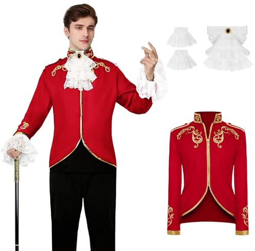 YORDET Costume da principe gotico da uomo, giacca steampunk, cappotto medievale da uomo, smoking per Halloween, cosplay retrò (Rosso, S)