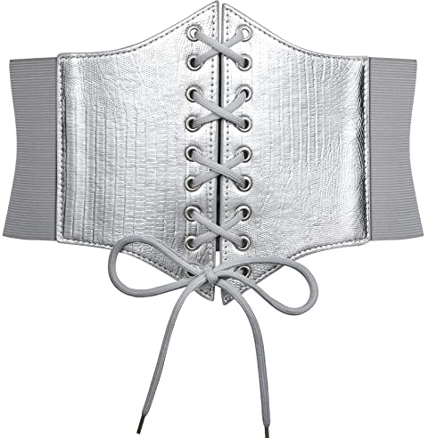 JasGood snörkorsett för kvinnor, elastiskt brett band, inbunden waspie midjebälte för kvinnor för halloweenfester och andra evenemang bäst lämplig, silver, 93 cm (Passend für Taillengröße 97cm-108cm)