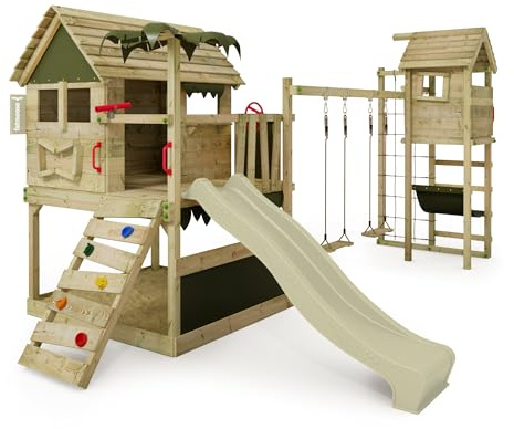 FATMOOSE Spielturm Klettergerüst TikaTaka Town XXL mit Turmanbau, Schaukel & salbeigrüner Rutsche, Outdoor Kinder Kletterturm mit Sandkasten Leiter & Spiel-Zubehör für den Garten
