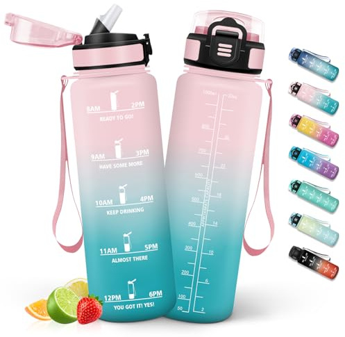HoneyHolly Trinkflasche 1L mit Strohhalm, Trinkflasche Kohlensäure Geeignet, Wasserflasche Sport mit Zeitmarkierungen, Auslaufsichere und BPA-frei, Wasserflasche Frost & Himmel