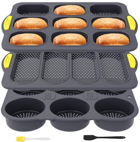 TNTGMG Lot de 3 moules à pain à hamburger - En silicone - Avec spatule en plastique - Anti-adhésif - Pour la cuisine, les hamburgers - Avec 4, 6, 9 tasses - Pour pain, pain, sandwich fait maison